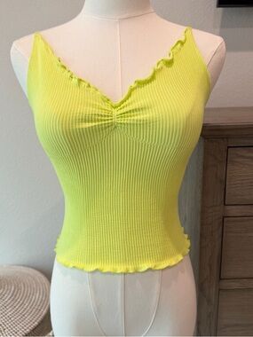 Urban Outfitters Neon Yellow Ribbed V-Neck Cami with Ruffle Trim